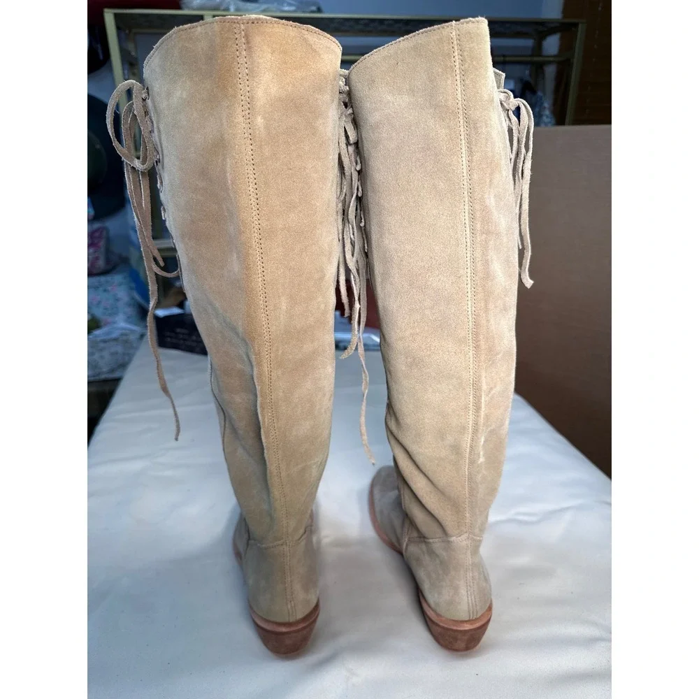 BX by Bronx Women Tan Suede Tall Lace Up Boots Size 8.5 Taupe Boho Low Heel